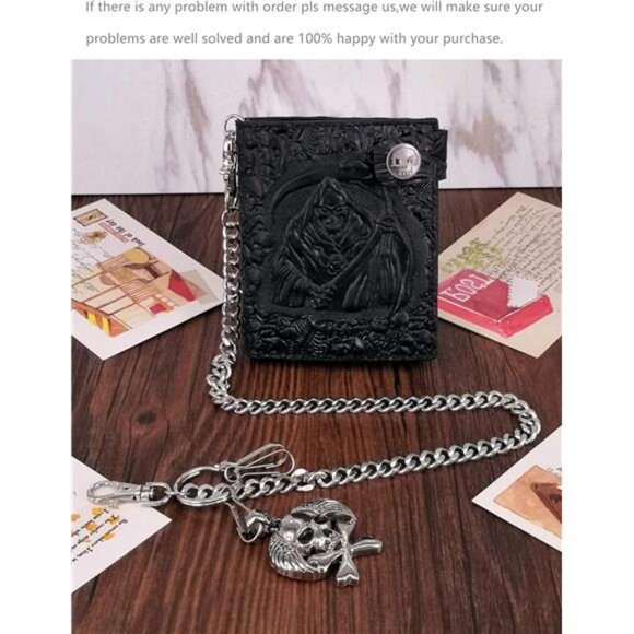 Unisex Punk Gothic Skull Biker Wallet with Stainless Chain Trucker - Picture 4 of 16